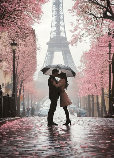 Romance under umbrella in front of Eiffel Tower