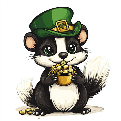 St. Patrick's Day skunk with green hat and gold coins