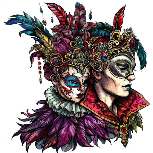 Festive tattoo sketch of a king and queen in carnival masks