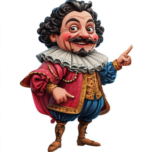 Humorous caricature of a Lorenzo de Medici caricature with human characteristics, exaggerated rosy cheeks, small feet, miniature, vibrant colors, cartoon style, pointing, high-resolution, no background, isolated
