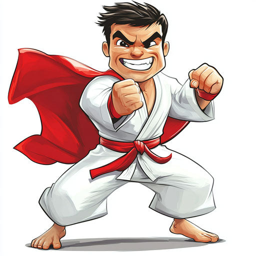 Humorous caricature of a karate clipart with human characteristics, exaggerated thin lips, small feet, with a cape, vibrant colors, cartoon style, winking, high resolution, no background, isolated