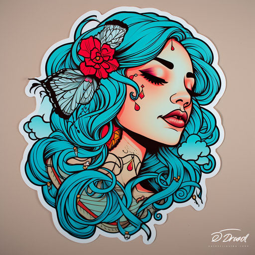 The dream girl from dream girl sticker, in the style of neotraditional, tattoo, young british artists (ybas), folkloric, light cyan and maroon, traditional, feminine sticker art