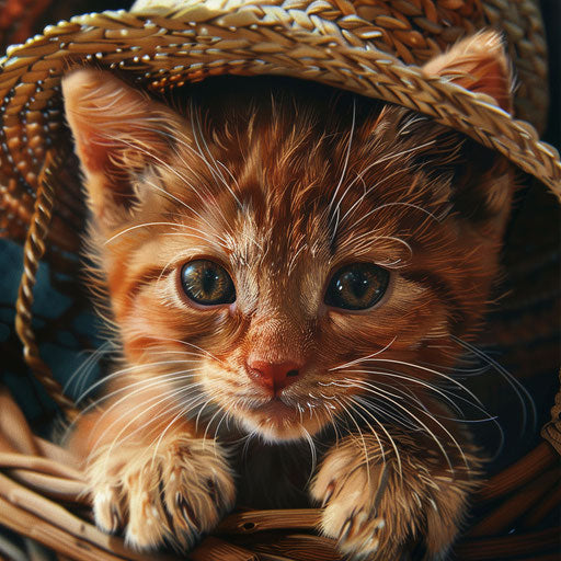 Portrait of a person holding a orange kitten with a straw hat