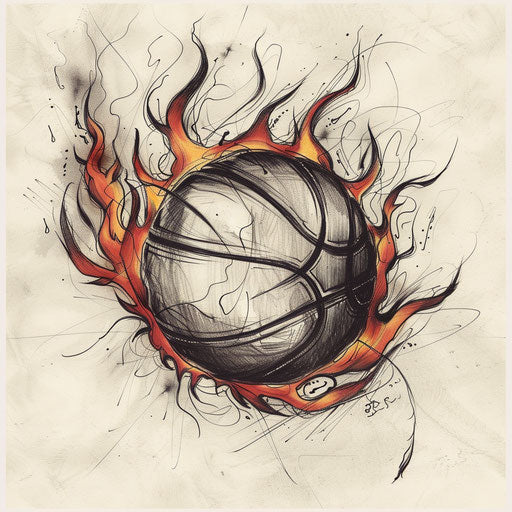 Gothic flat tattoo sketch of a basketball with flames