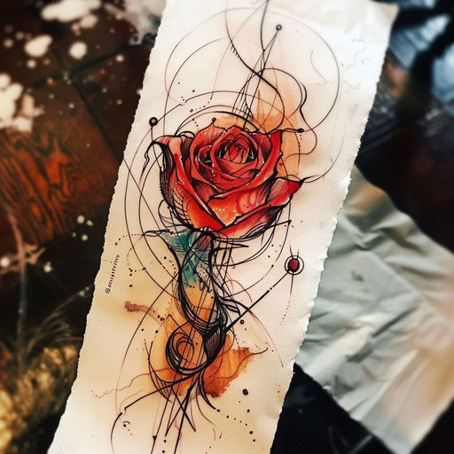 Surreal tattoo sketch of a red rose with dream-like elements and pastel tones