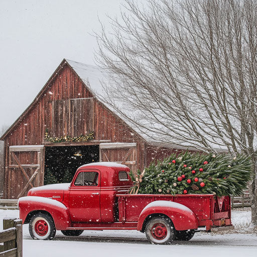 Classic red Christmas truck in front of barn with freshly cut tree and falling snow