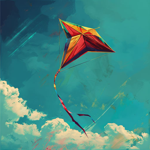 Kite illustration in photo realistic style with a flat random background, high contrast and saturated hues