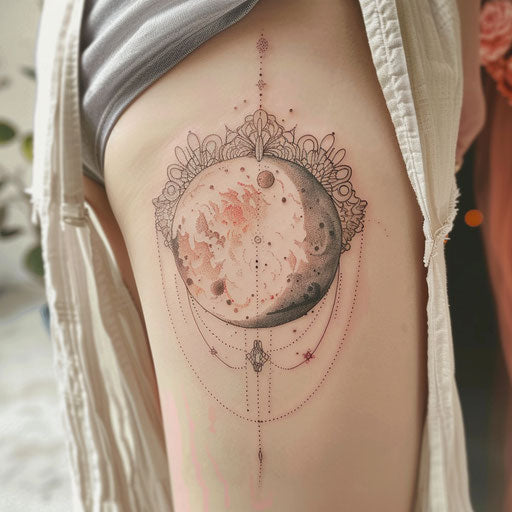 Elegant flat tattoo sketch of full moon with delicate lace patterns and soft colors