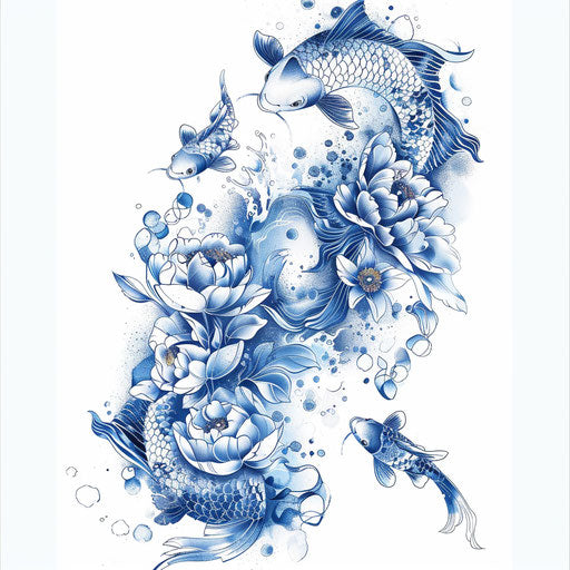 Flowing water and koi fish in an aquatic tattoo design