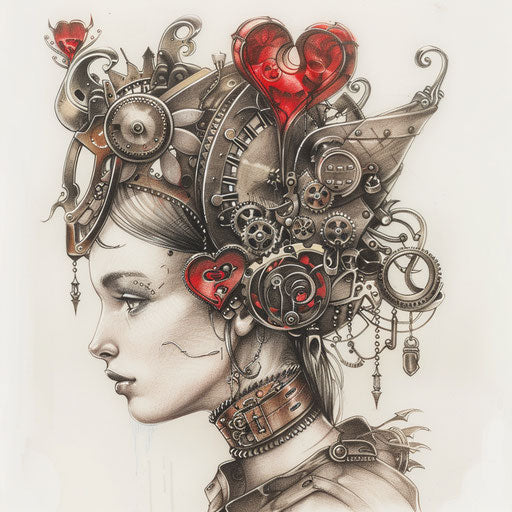 Steampunk Queen of Hearts tattoo concept, gears, mechanical details