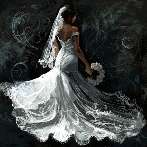 Bride clipart rendered in a realistic style on a flat, dark charcoal background, accentuating dramatic contrast and intricate detail
