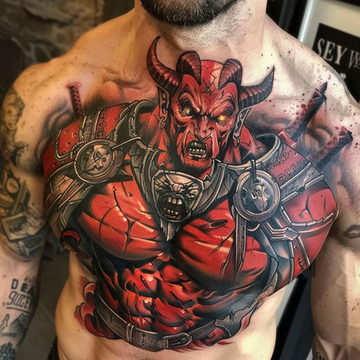 Red tattoos with heroic elements, in the style of Glenn Fabry