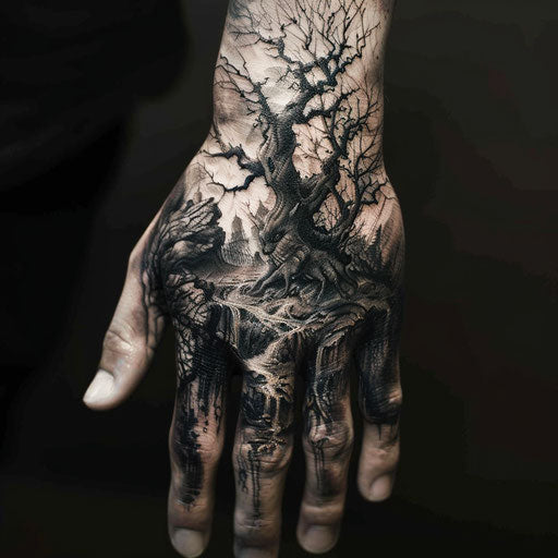 Hand tattoo for men depicting a dark fantasy landscape