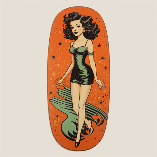 Girl with tattoos on old skateboard, tex avery style