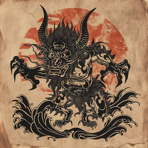 Rustic flat tattoo sketch of a Japanese demon