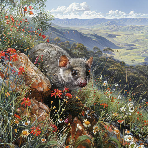 Mountain pygmy possum peeking from burrow in wildflower hillside