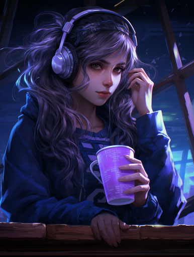 Girl with headphones drinking coffee in nightcore style