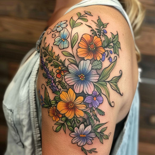 Wildflower shoulder tattoo, cascading design, vibrant colors, elegant flow