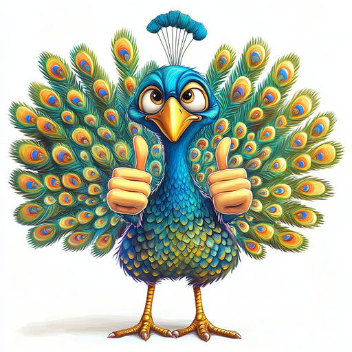 Humorous caricature of a peacock caricature with human characteristics, exaggerated pointed nose, big feet, checkered, vibrant colors, cartoon style, thumbs down, high-resolution, no background, isolated –c 40