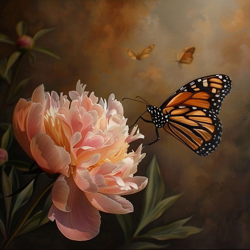 Monarch butterfly in flight, shadow over soft pink peony