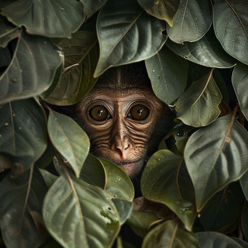 Adorable monkey hiding behind leaves, Simen Johan style