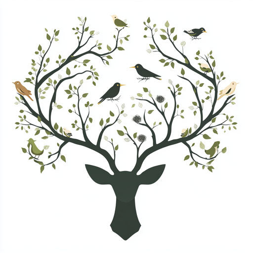 Deer antlers turning into tree branches with birds and nests