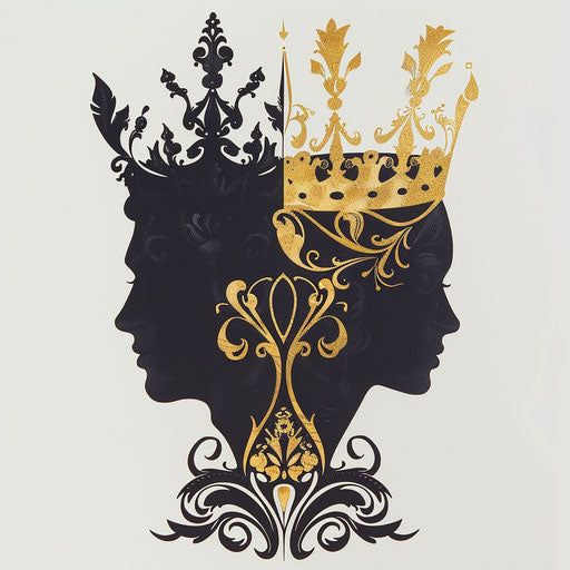 King and queen's profile with art deco embellishments