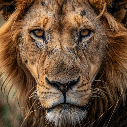 Intimate portrait of a lion's face, with an intense gaze