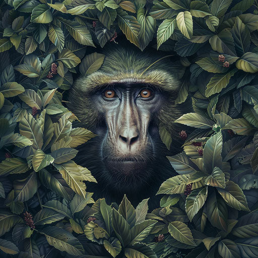 Baboon emerging from dense and lifelike foliage