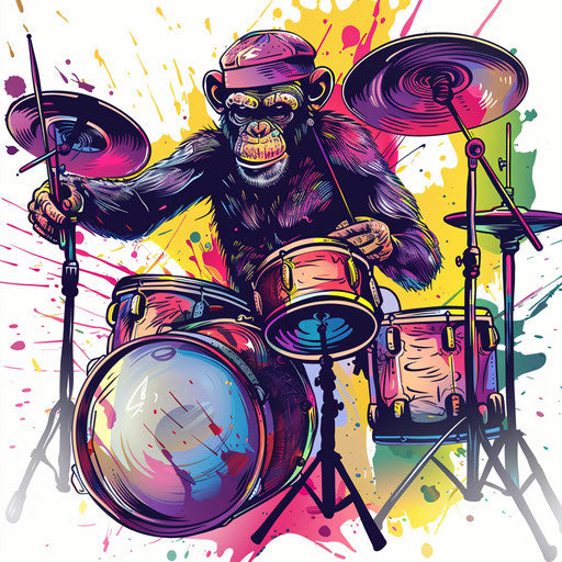 Unique illustration of monkey playing drums, vibrant musical tattoo theme with dynamic colors on white canvas