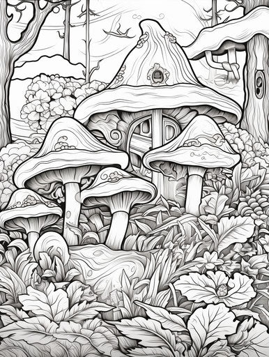 Adult coloring page of flowers and mushrooms in the field