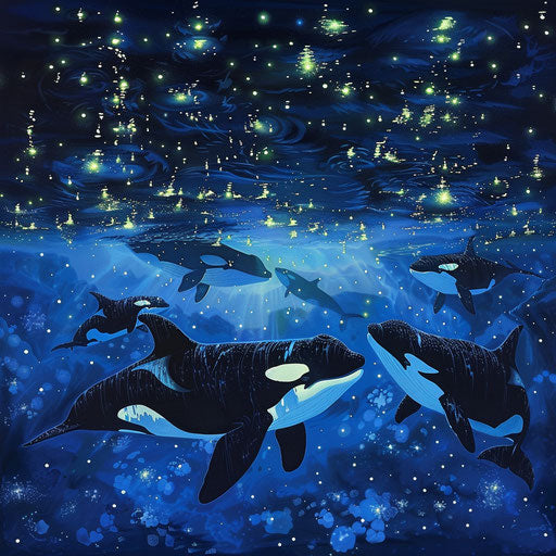 Killer whales hunting beneath starry skies