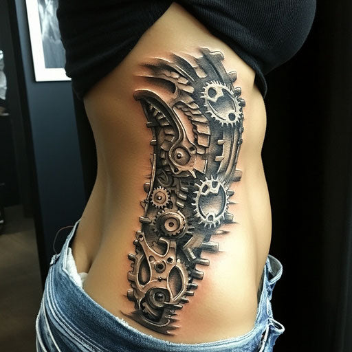 Side tattoos for women with biomechanical design and gears
