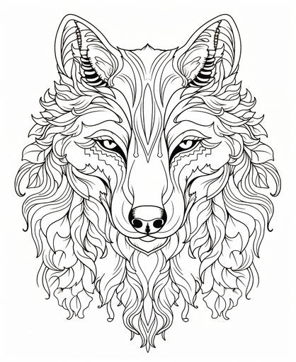 Wolf silhouette with intricate black and white patterns, foliage