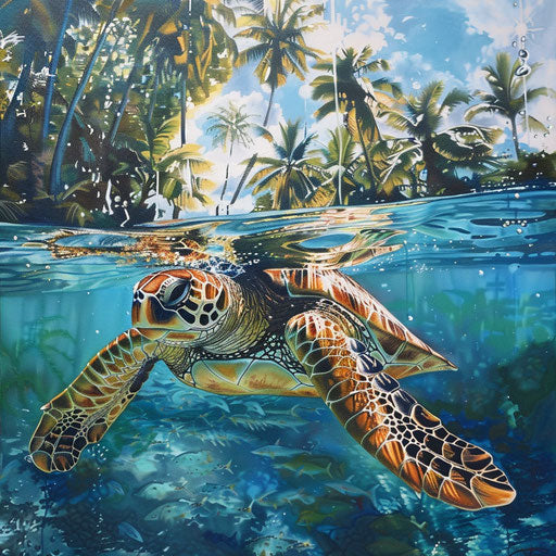 Sea turtle floating below tropical palm tree reflections