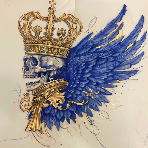 Regal tattoo sketch of death angel with crown in royal blue and gold