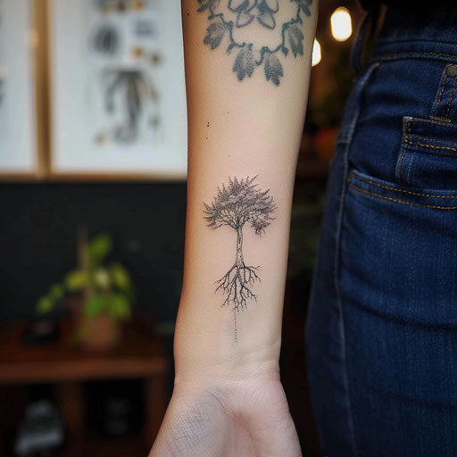 Minimalist flat tattoo sketch of a powerful single tree root