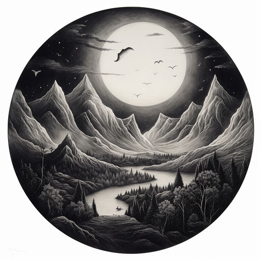 Ink drawing of dark place with mountains and moon for coloring