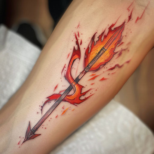 Dynamically illustrated fiery arrow tattoo on white canvas