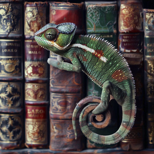 Chameleon blending in with vintage books, skin like leather