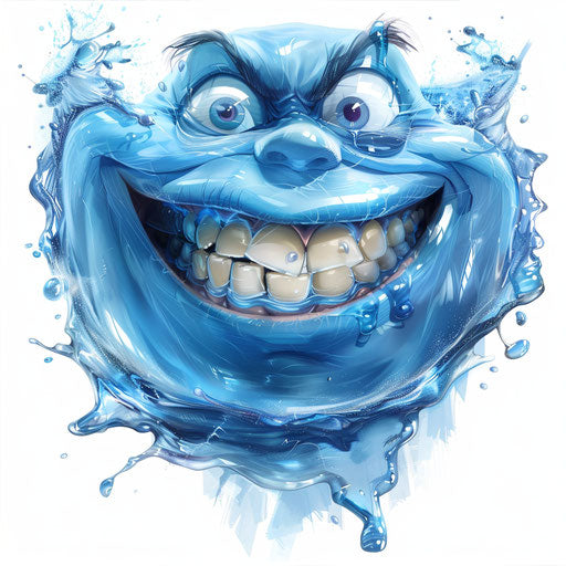 Smiling blue emotion icon with crooked jaw