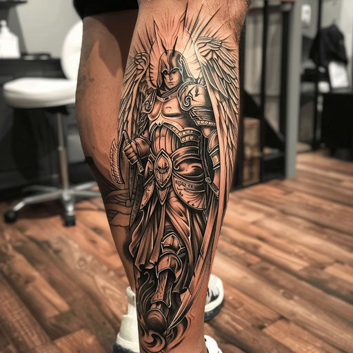 Leg tattoo warrior angels in the style of Steve McNiven