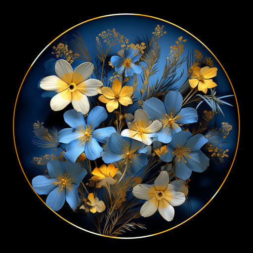 Blue flowers with yellow flowers in round circle, Sabattier style