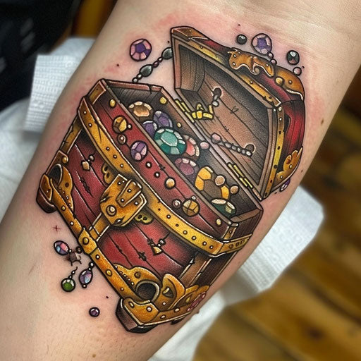 Pirate tattoo with overflowing treasure chest on white background