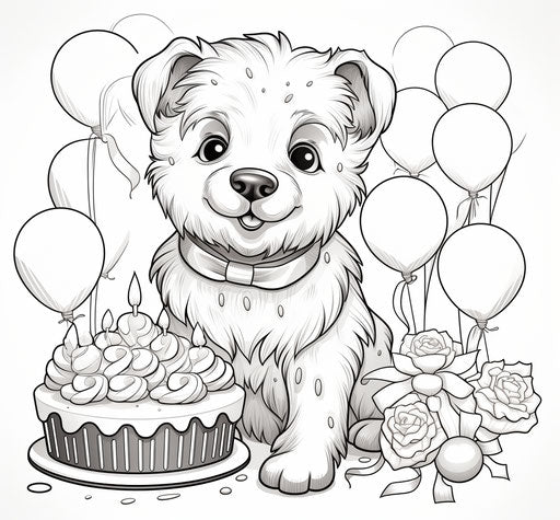 Happy birthday coloring pages for kids, rtx on style, storybook illustration, caninecore, polka dots, sculpted, composed, handsome 29:27