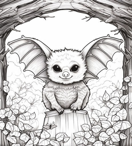 Cute bat in the forest coloring page