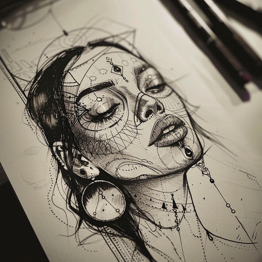 Artistic flat tattoo sketch of a portrait with dot shading