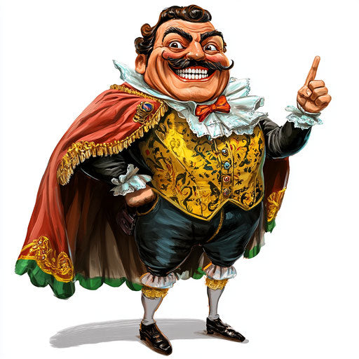 Humorous caricature of a Maximilian I of Mexico with human characteristics, exaggerated toothy teeth, toes feet, cape, vibrant colors, cartoon style, pointing, high-resolution, no background, isolated