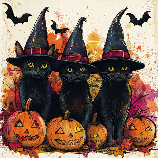 Three black cats in witches' hats, pumpkins and bats