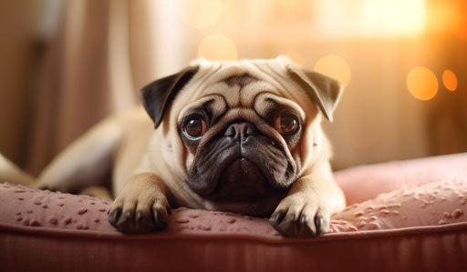A small pug dog on a bed with stains